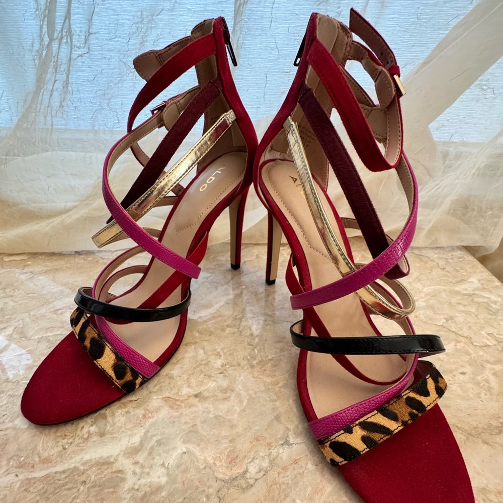 Aldo Multicolor Strappy Heels with Leopard Accents